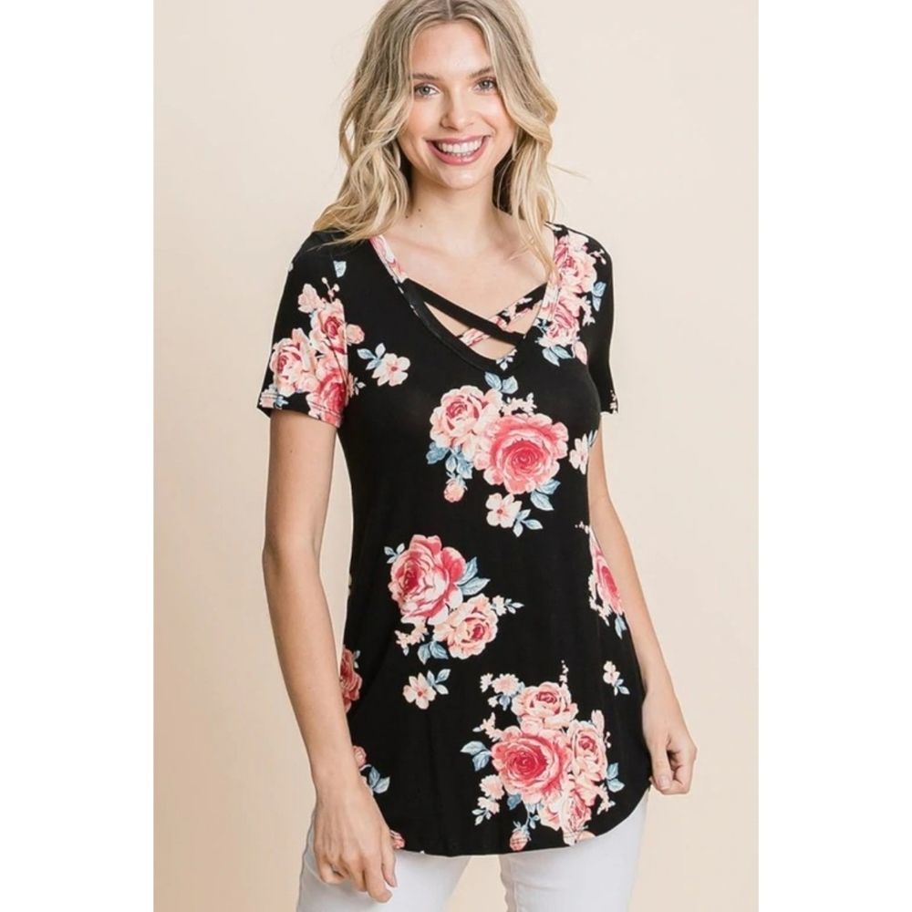 Coral Criss Cross Floral Top - Picture 5 of 5